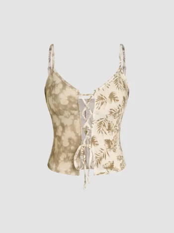  Florales U-Ausschnitt Schnürkorsett Tank Top