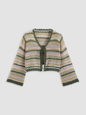 V-Ausschnitt Streifen Stricklangärmliger Cardigan Kurve & Plus