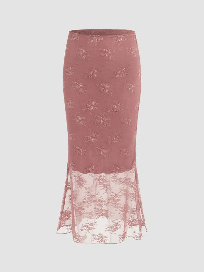 Lace Red Maxi Skirt With Split Knit Fabric Floral Split Mesh Knit