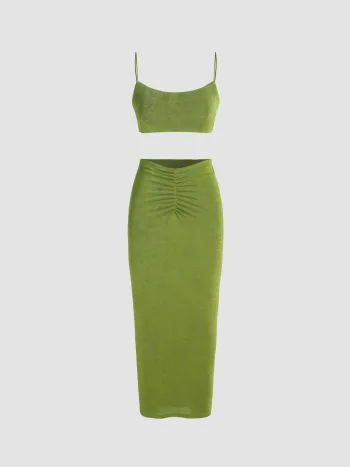 U-Ausschnitt Crop Tank Top & Hohe Taille Geraffter Maxirock Set