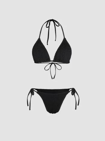 Solid Smocked Triangle Bikini Set