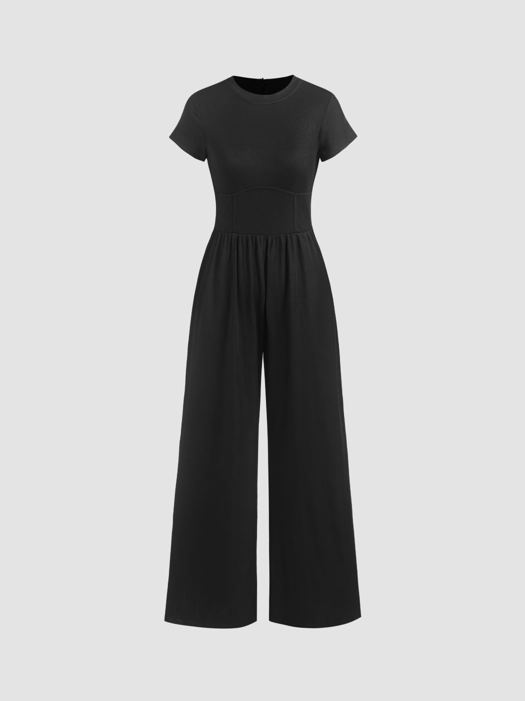 Round Neckline Ruched Wide Leg Jumpsuit