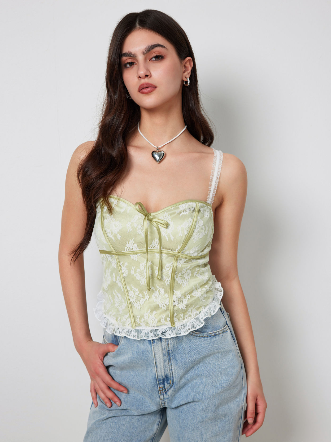 Florale Spitze Reißverschluss Crop Top