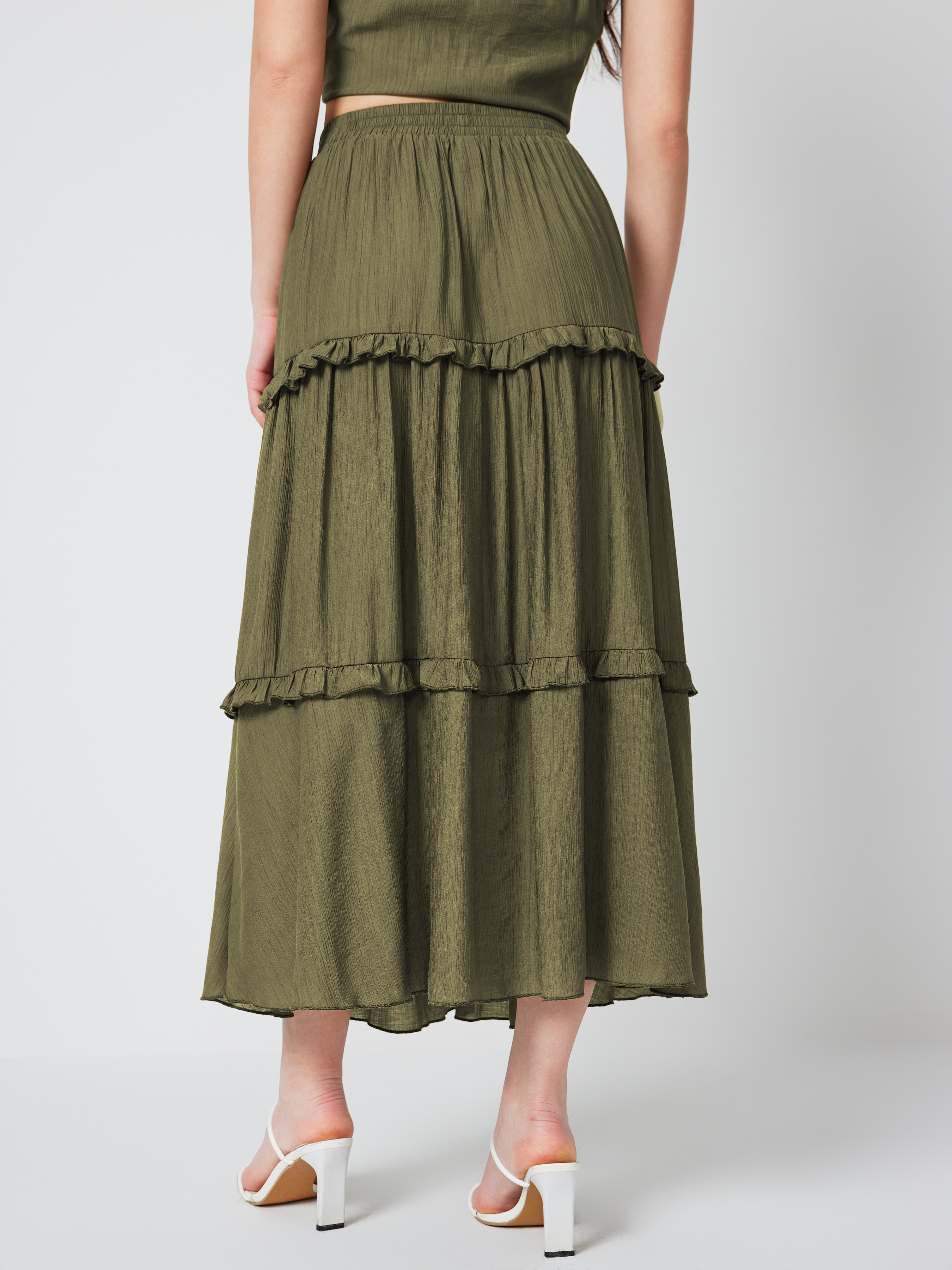 Ruffle Elastic Waist Tiered Maxi Skirt - Cider