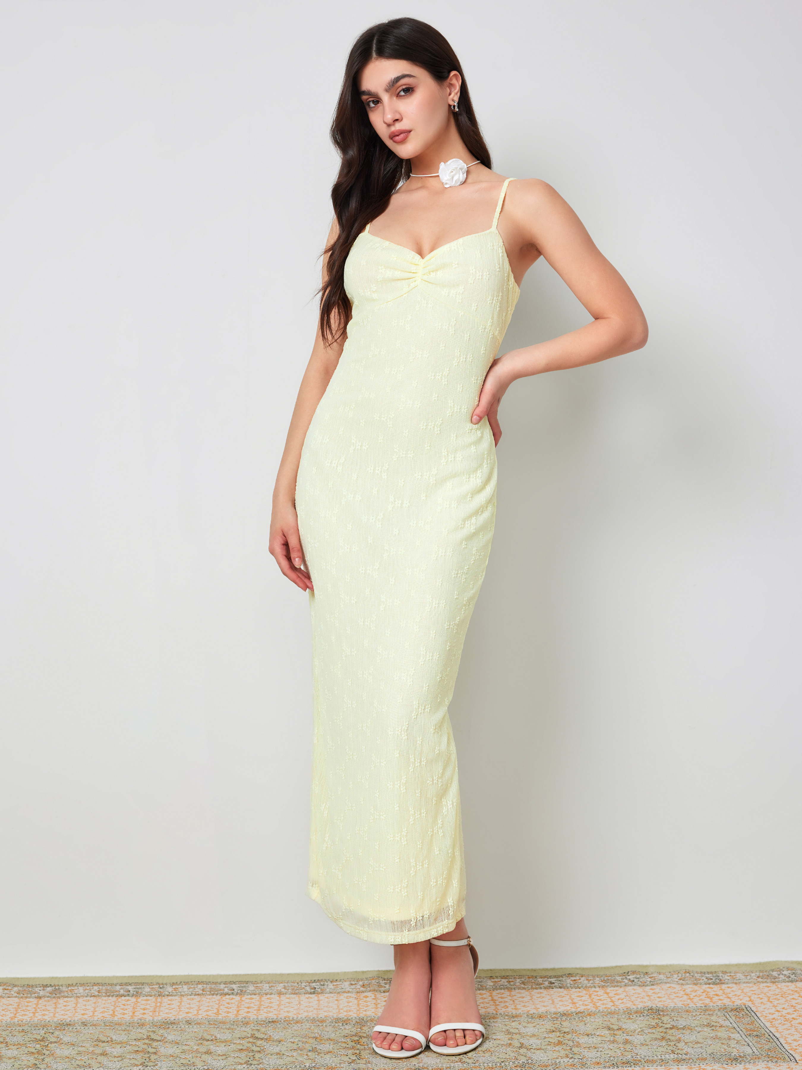 Knit Fabric Floral Ruched Split Knit Maxi Dress For Date