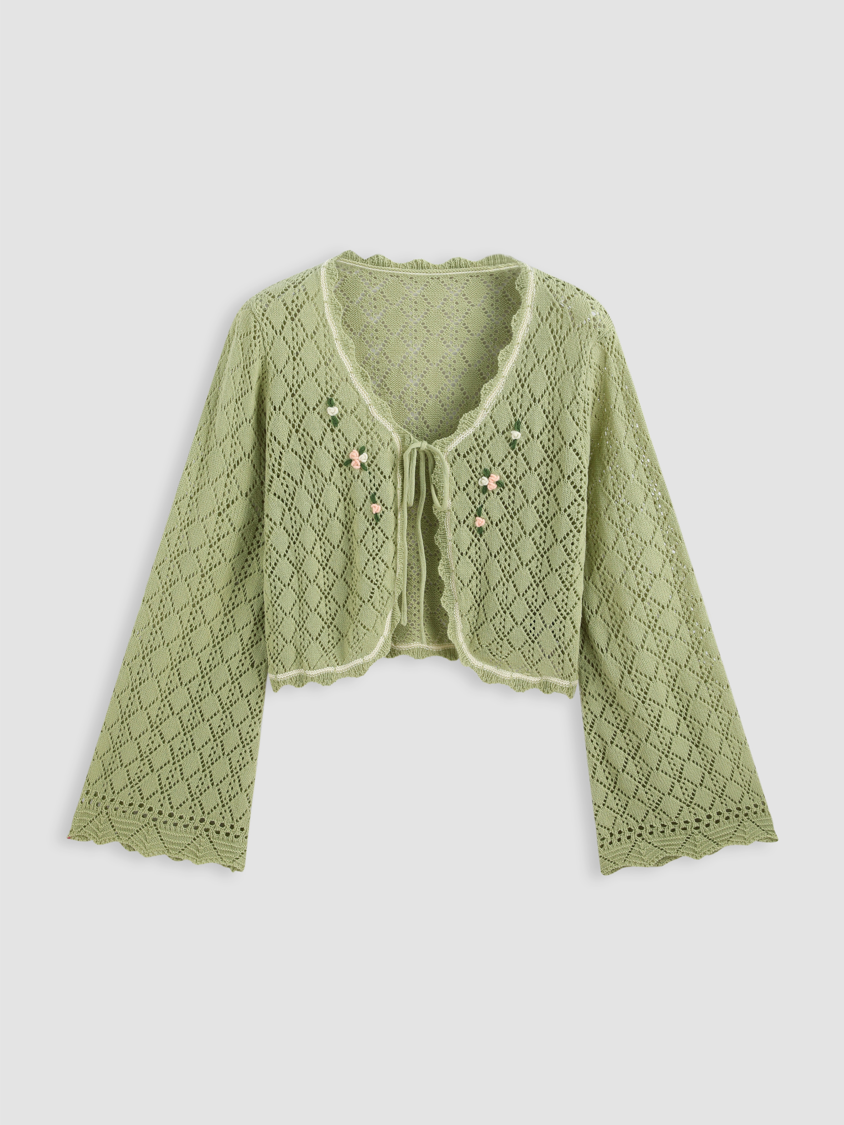Curve & Plus Floral Hollow Out Tie Up Knitted Cardigan