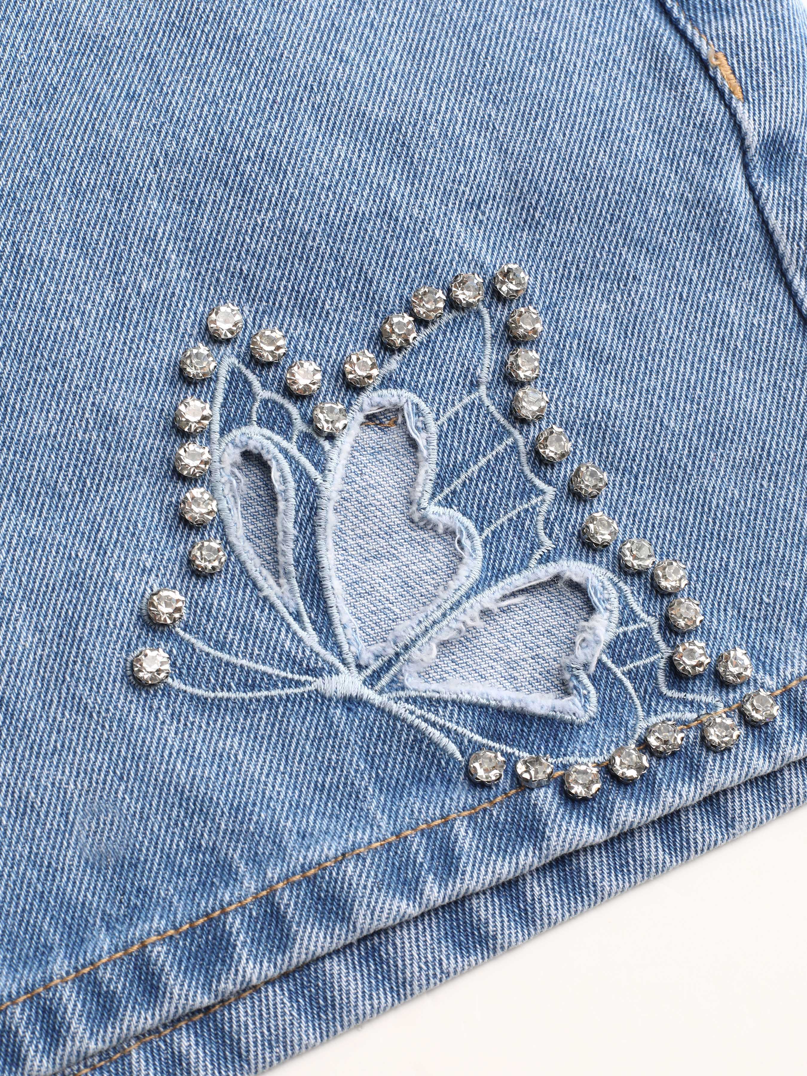 堅実な究極の Denim Butterfly Rhinestone Wide Leg Jean Shorts For Daily サロペット・オーバーオール・オールインワン