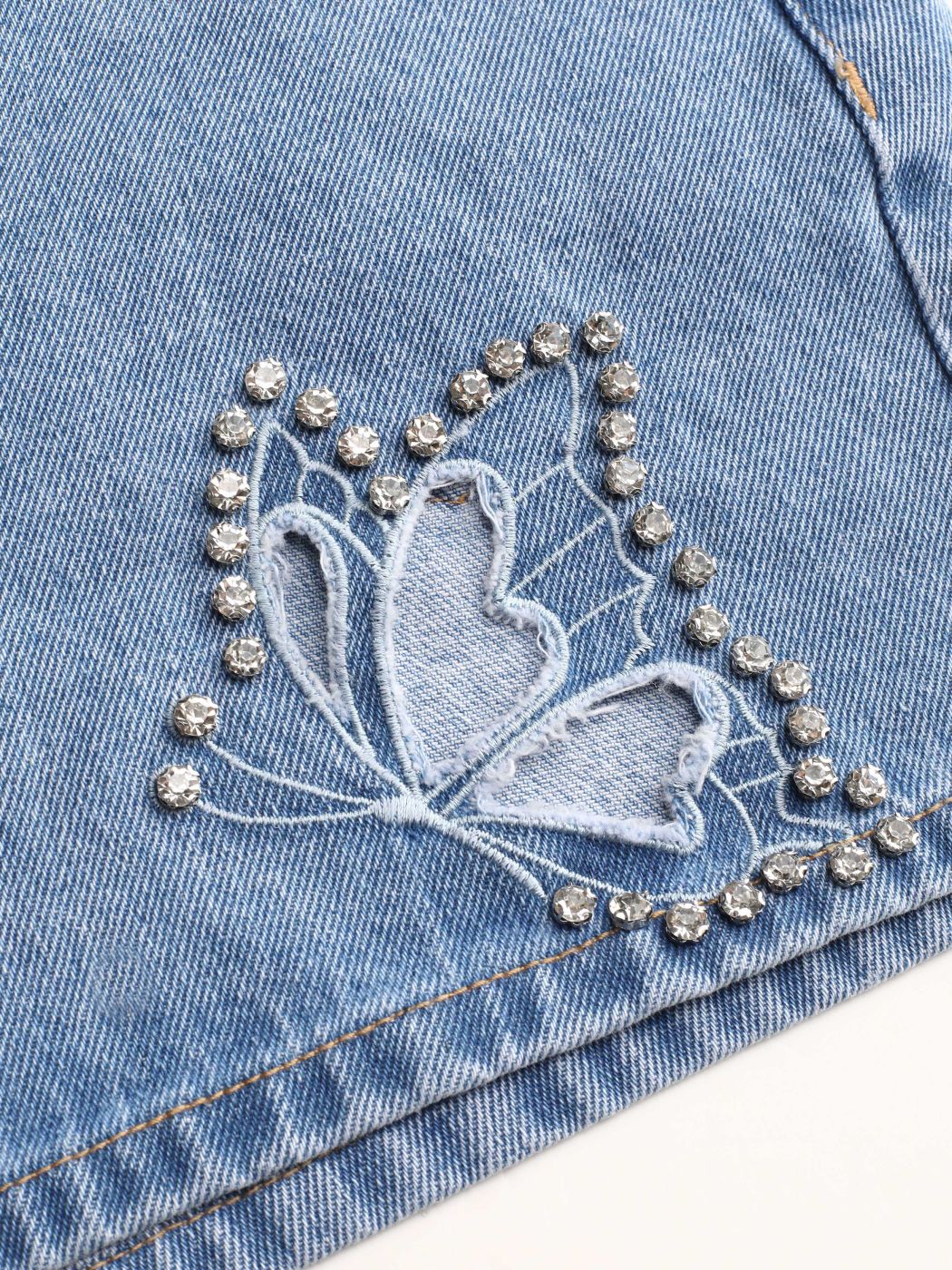 Denim Butterfly Rhinestone Wide Leg Jean Shorts For Daily Casual School