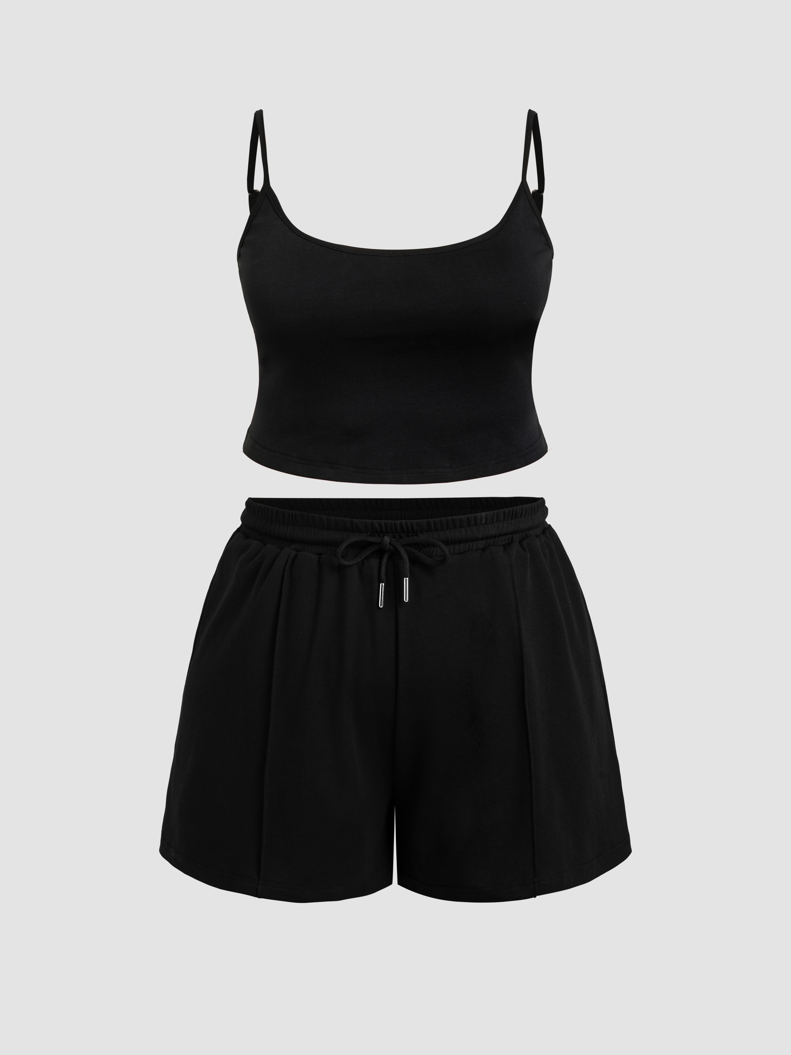Curve & Plus U-neckline Crop Cami Top & Drawstring Wide Leg Shorts Set