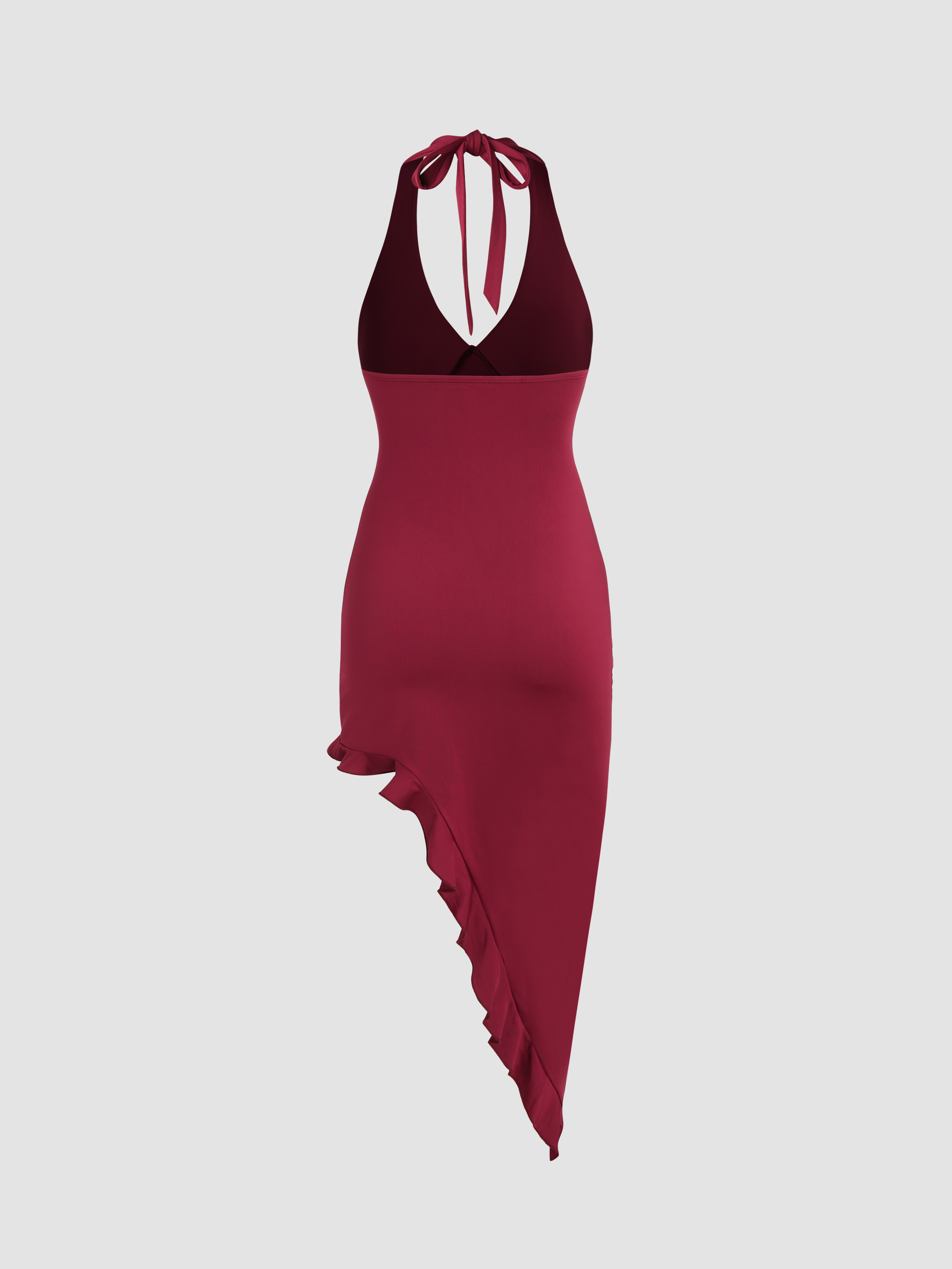 Jersey V-neck Ruffle Hem Halter Midi Dress For Date Party