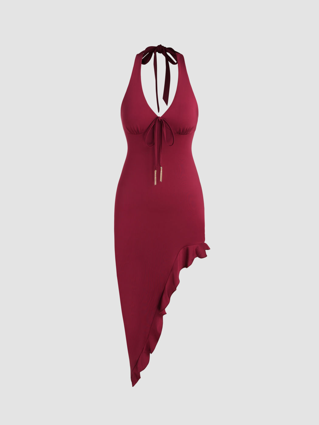 Neckholder-Midikleid mit V-Ausschnitt und Rüschensaum