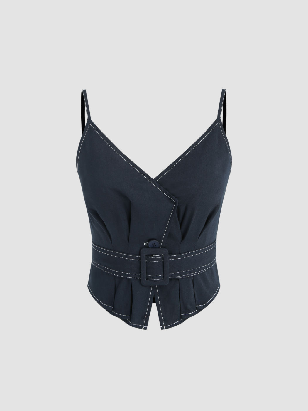 Denim V-neck Belted Pleated Crop Top