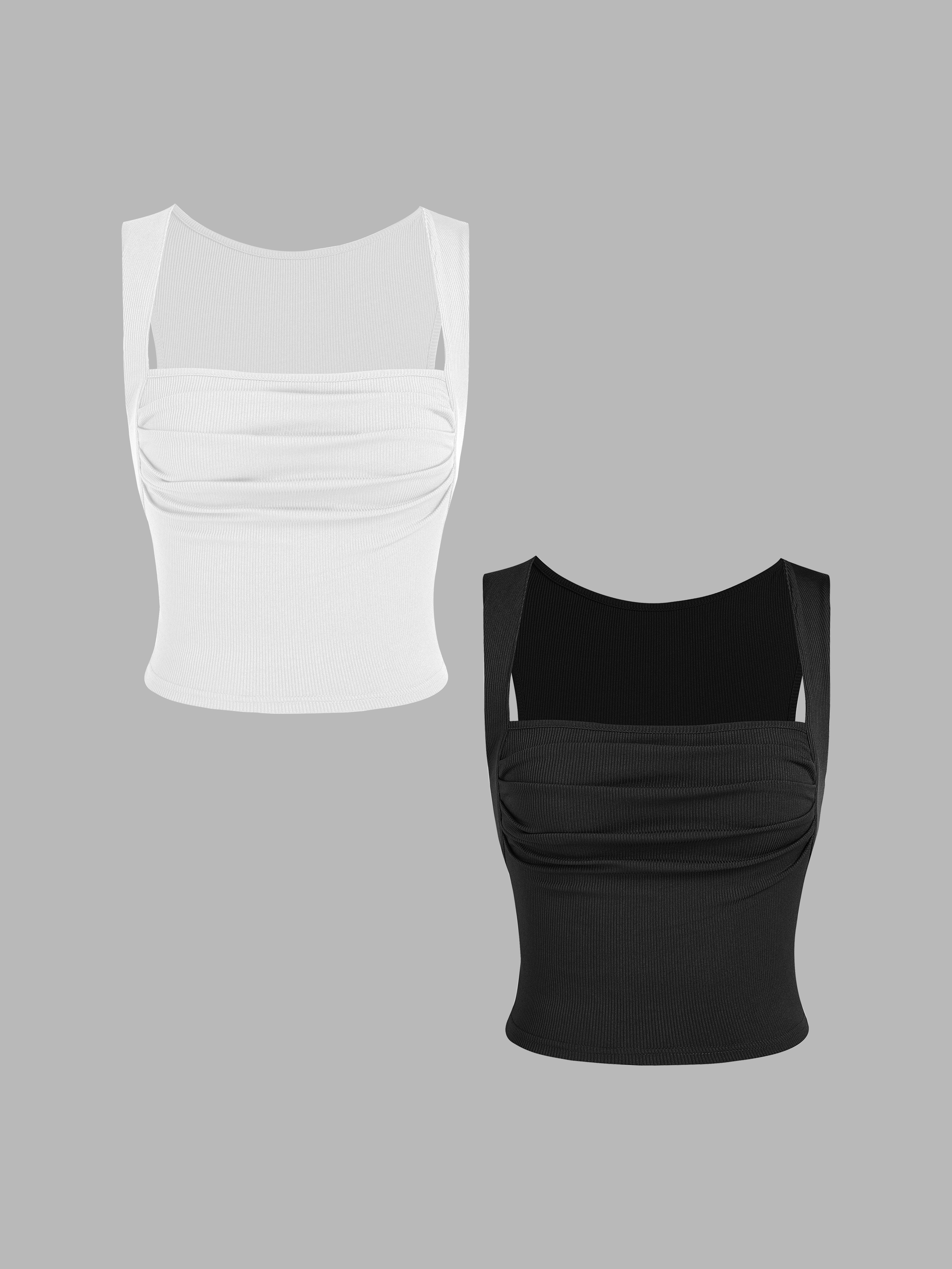 2 Pack Solid Ruched Square Neck Crop Top