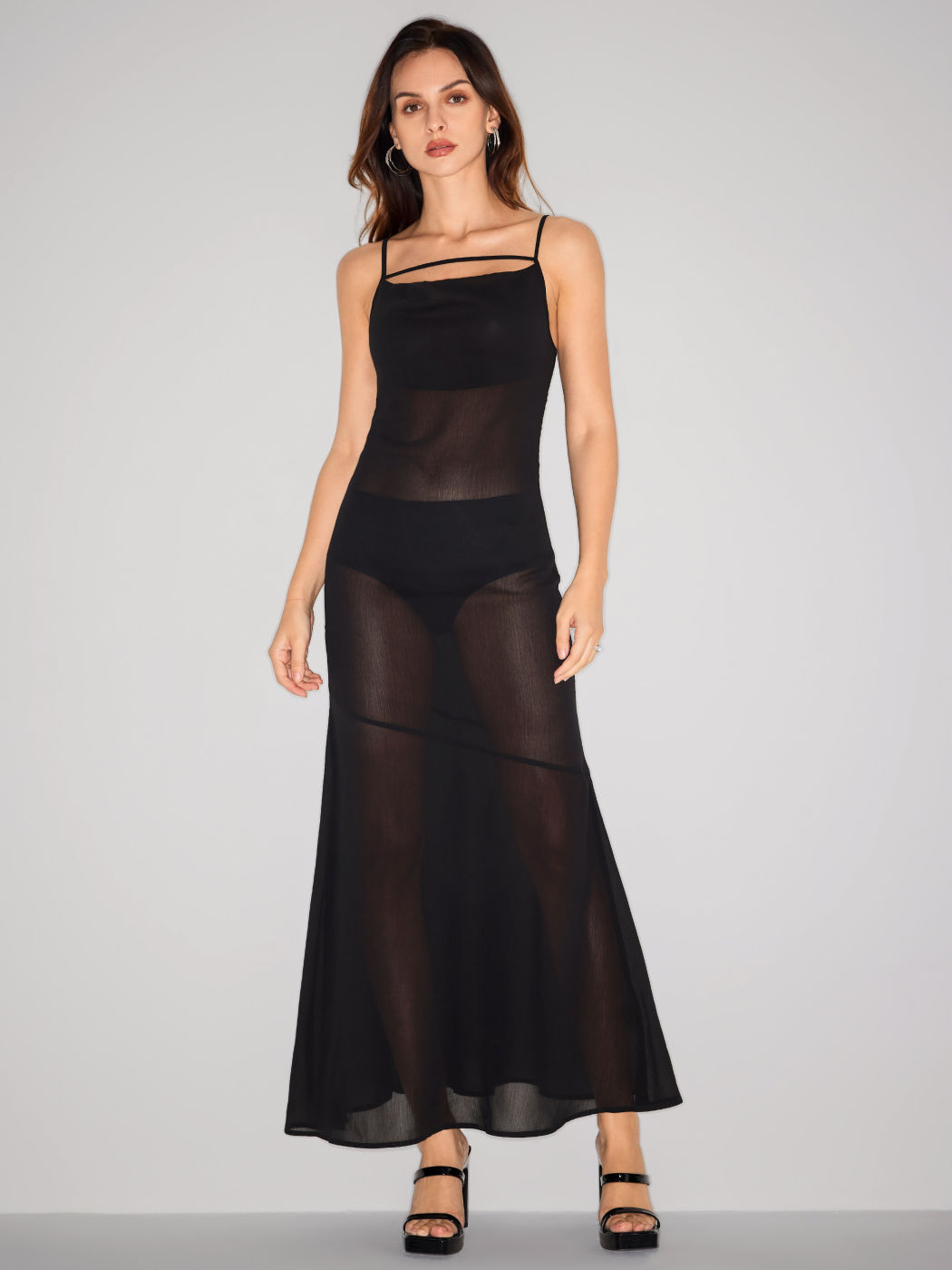 Nessie Mesh Unique Print Tie-up Waist Long Sleeve Stretch See-Through Maxi Dress main image 1
