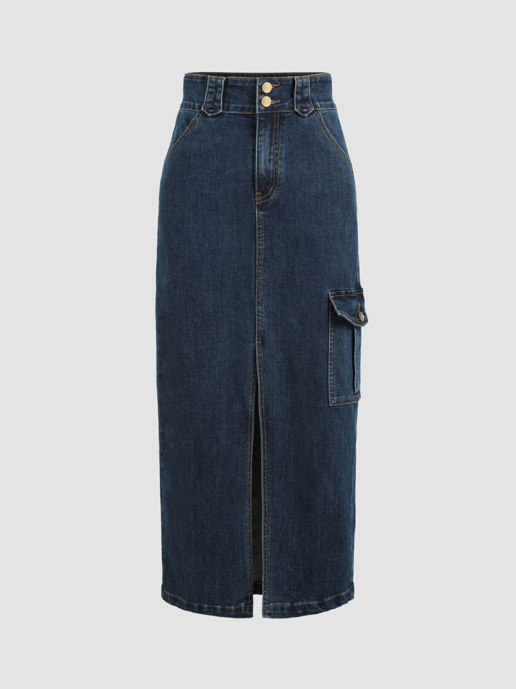 Stretch Denim High Waist Cargo Split Maxi Skirt