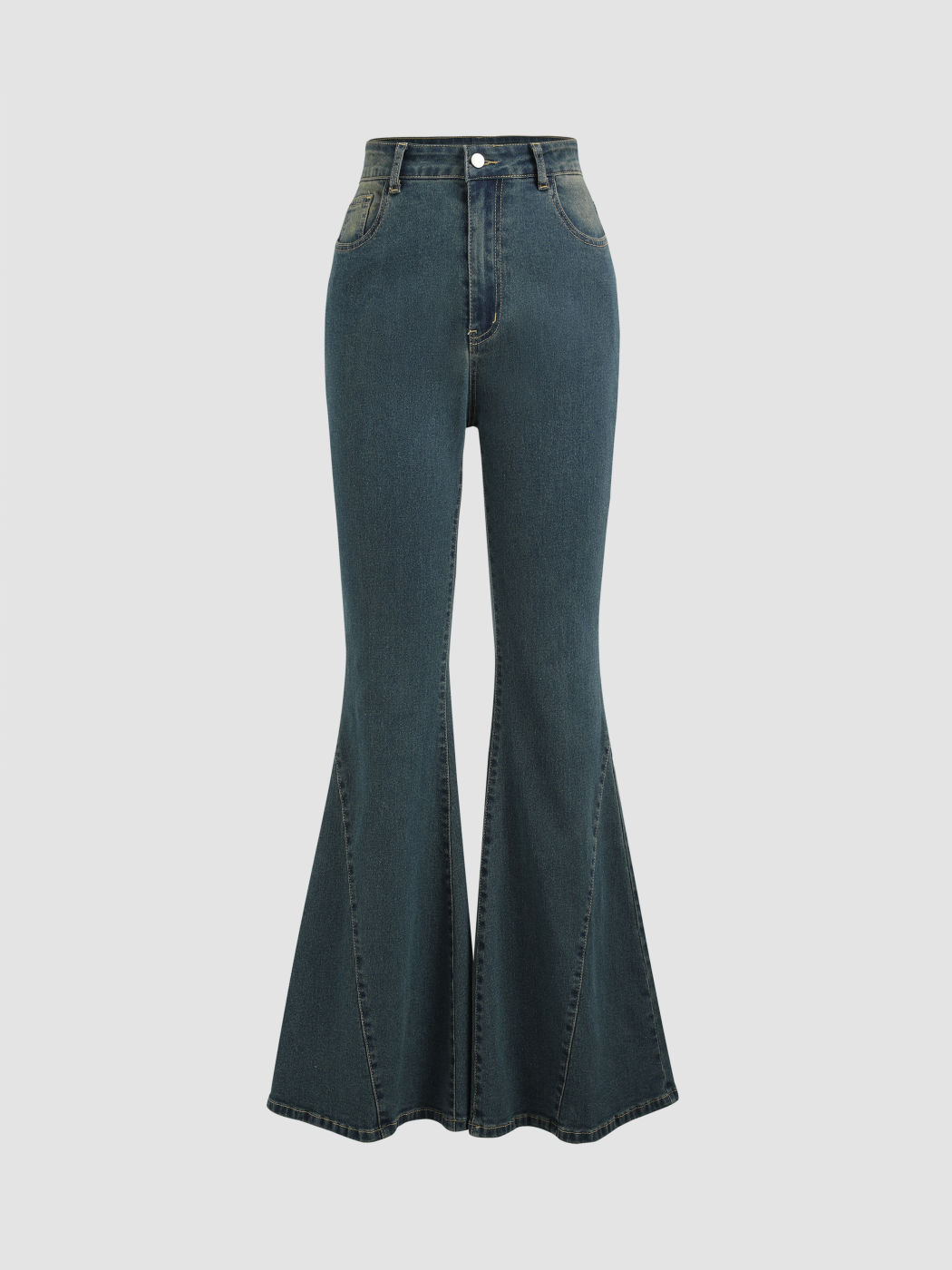 Stretch Denim High Waist Button Flared Jeans