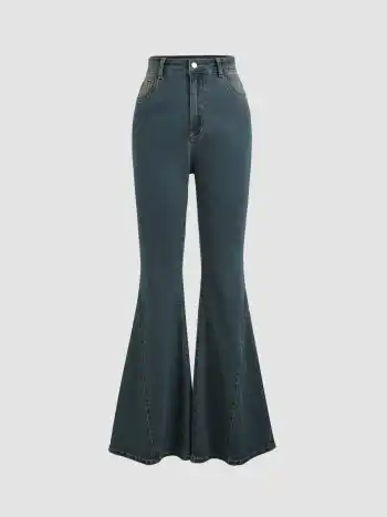 Stretch Denim High Waist Button Flared Jeans