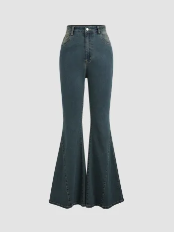 Stretch Jeans Hohe Taille Knopf Schlagjeans