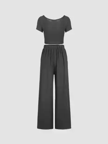 Kurzärmliges Strickoberteil & Weite Hosen Set