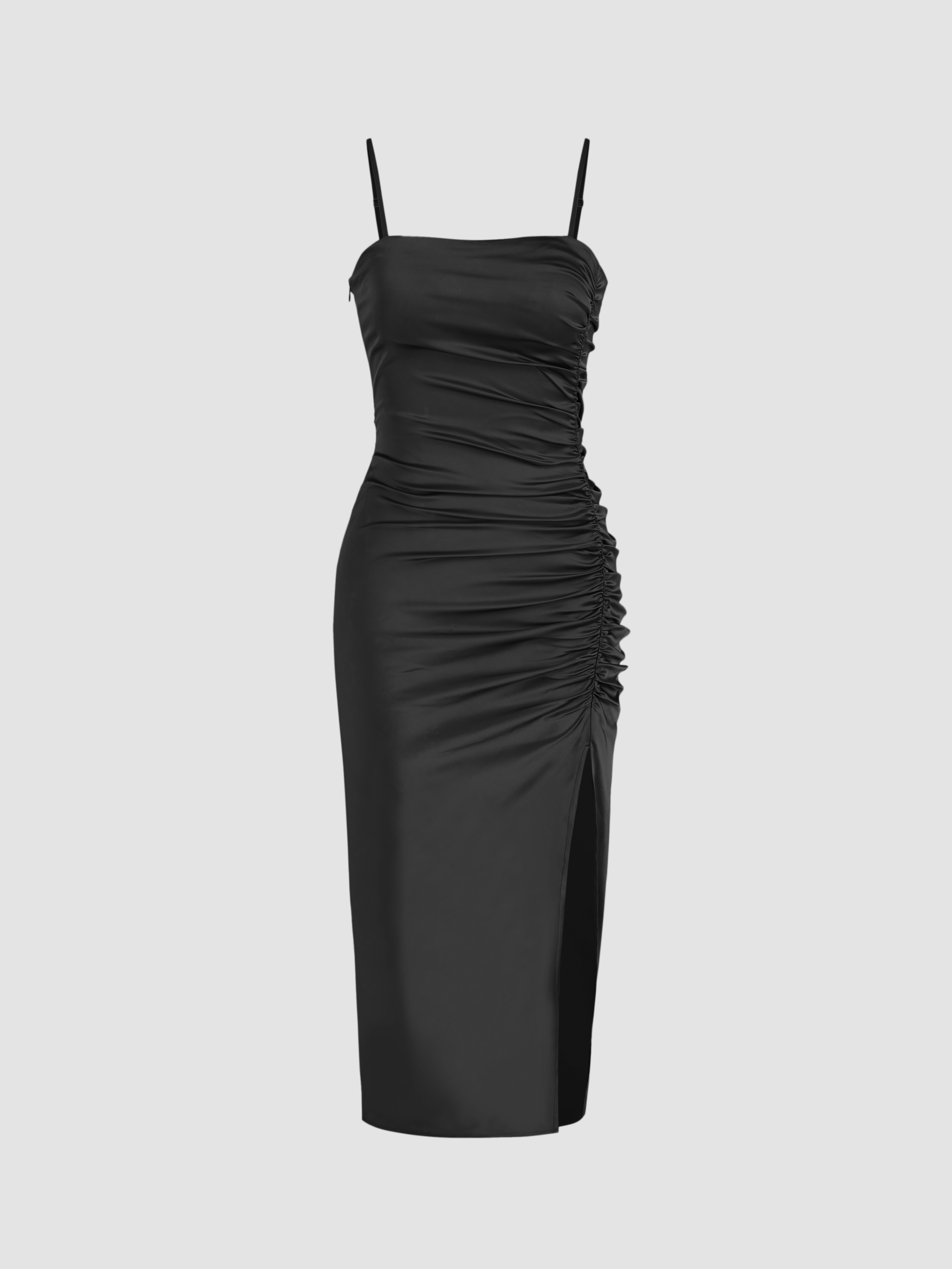 Tie Back Ruched Side Wrap Hem Satin Cami Dress (Color : Black
