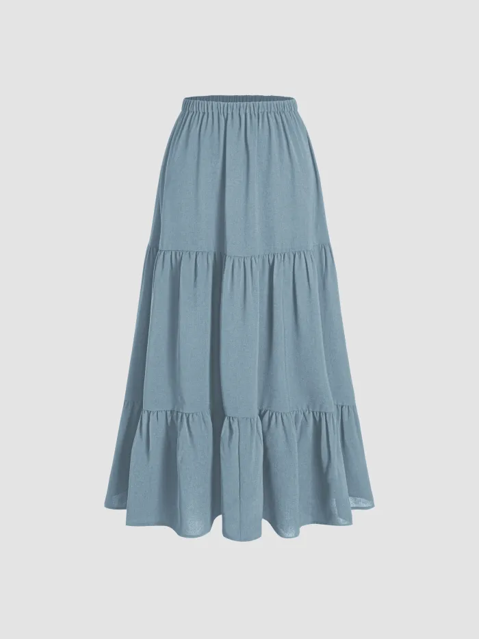 Petite Mid Rise Elastic Waist Ruffle Hem Tiered Maxi Skirt