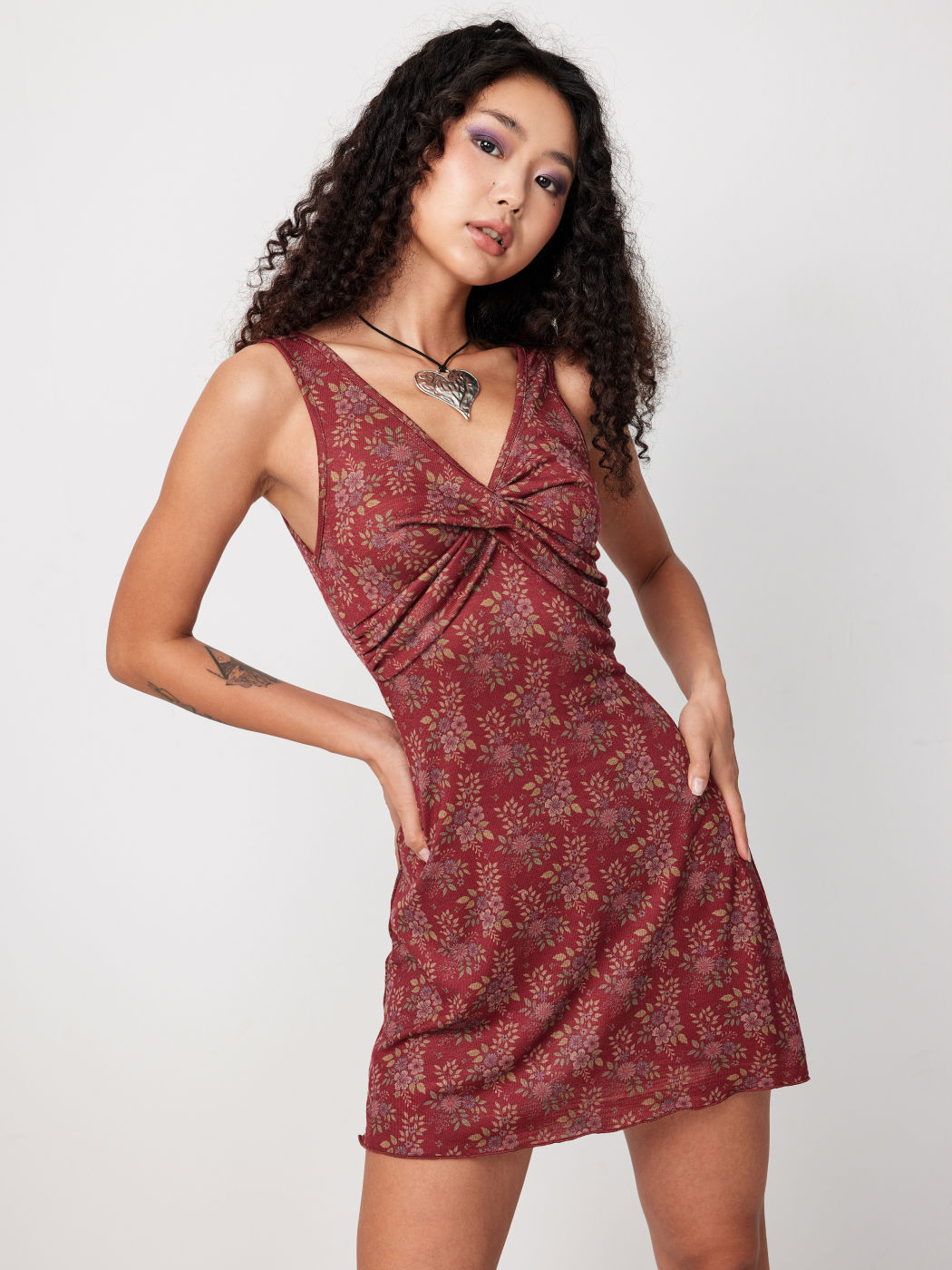 Knit V-neck Floral Twist Mini Dress