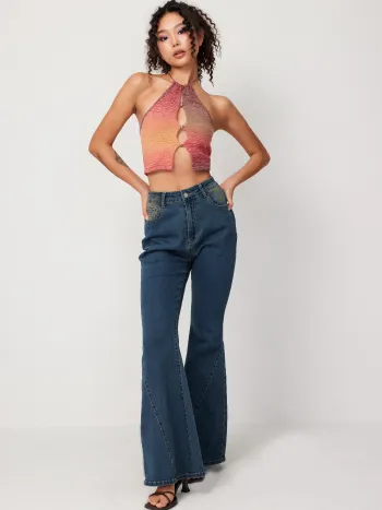 Stretch Denim High Waist Button Flared Jeans