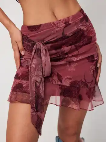 Chiffon Hochbund Blumen-Knoten-Miniskirt