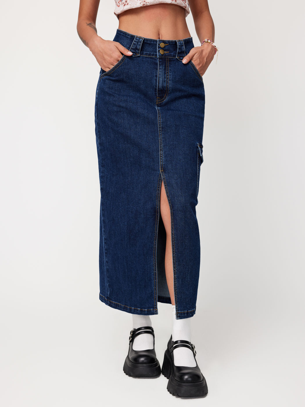 Stretch Denim High Waist Cargo Split Maxi Skirt