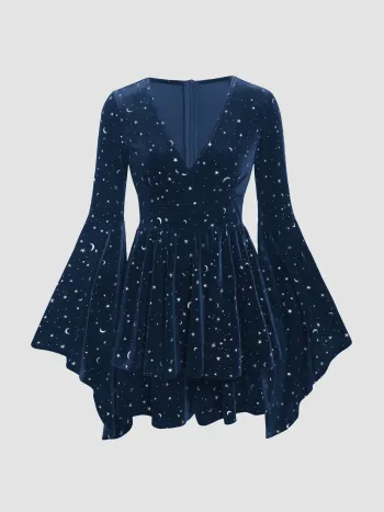 Velvet V-neck Star & Moon Pattern Bell Sleeve Romper