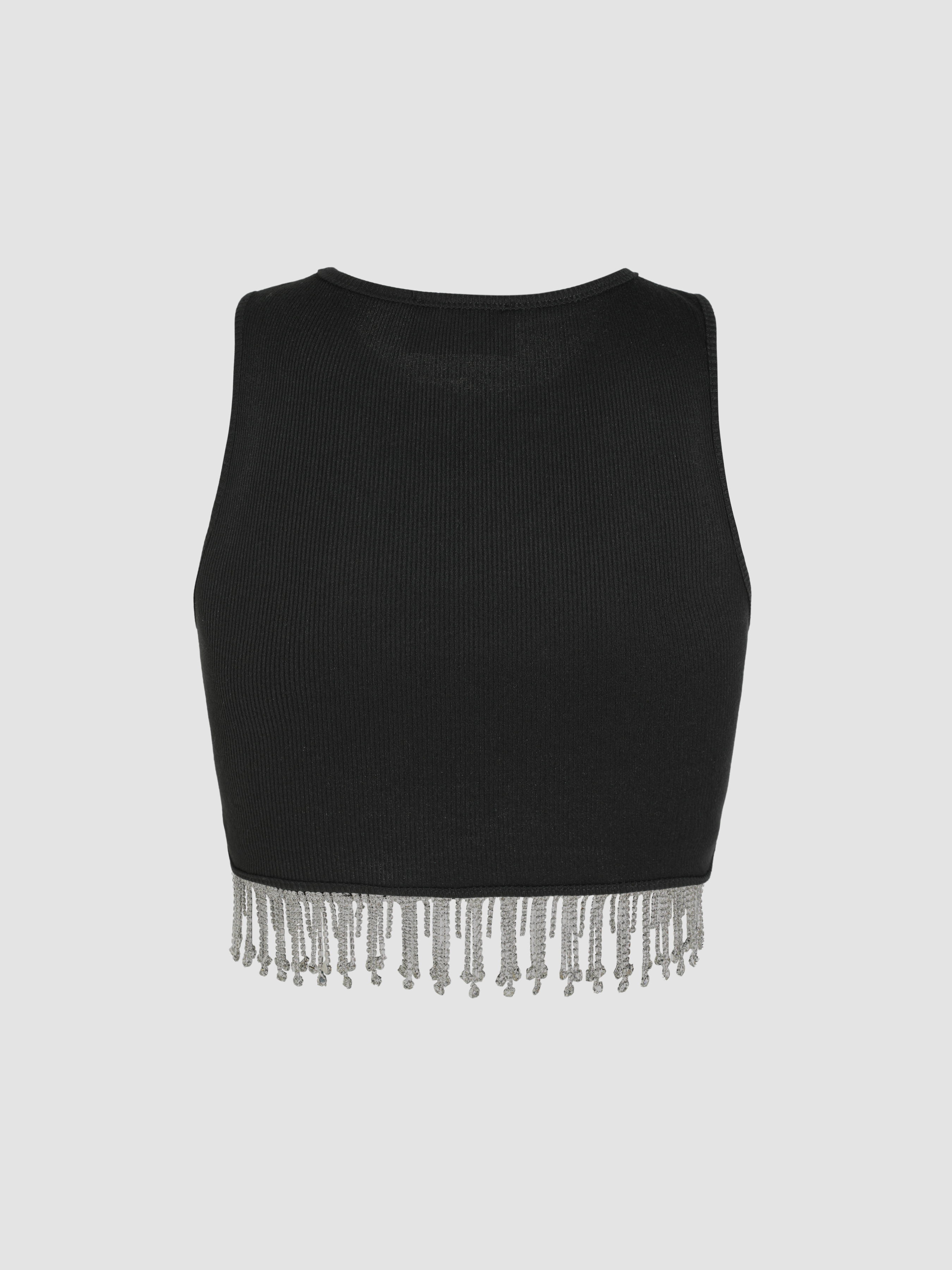 ●AAKAM● 25SS AKM Rhinestone Raglan Half Top Rainbow Mesh Premium Rhinestone Raw Cut Tank Top [Crew Neck