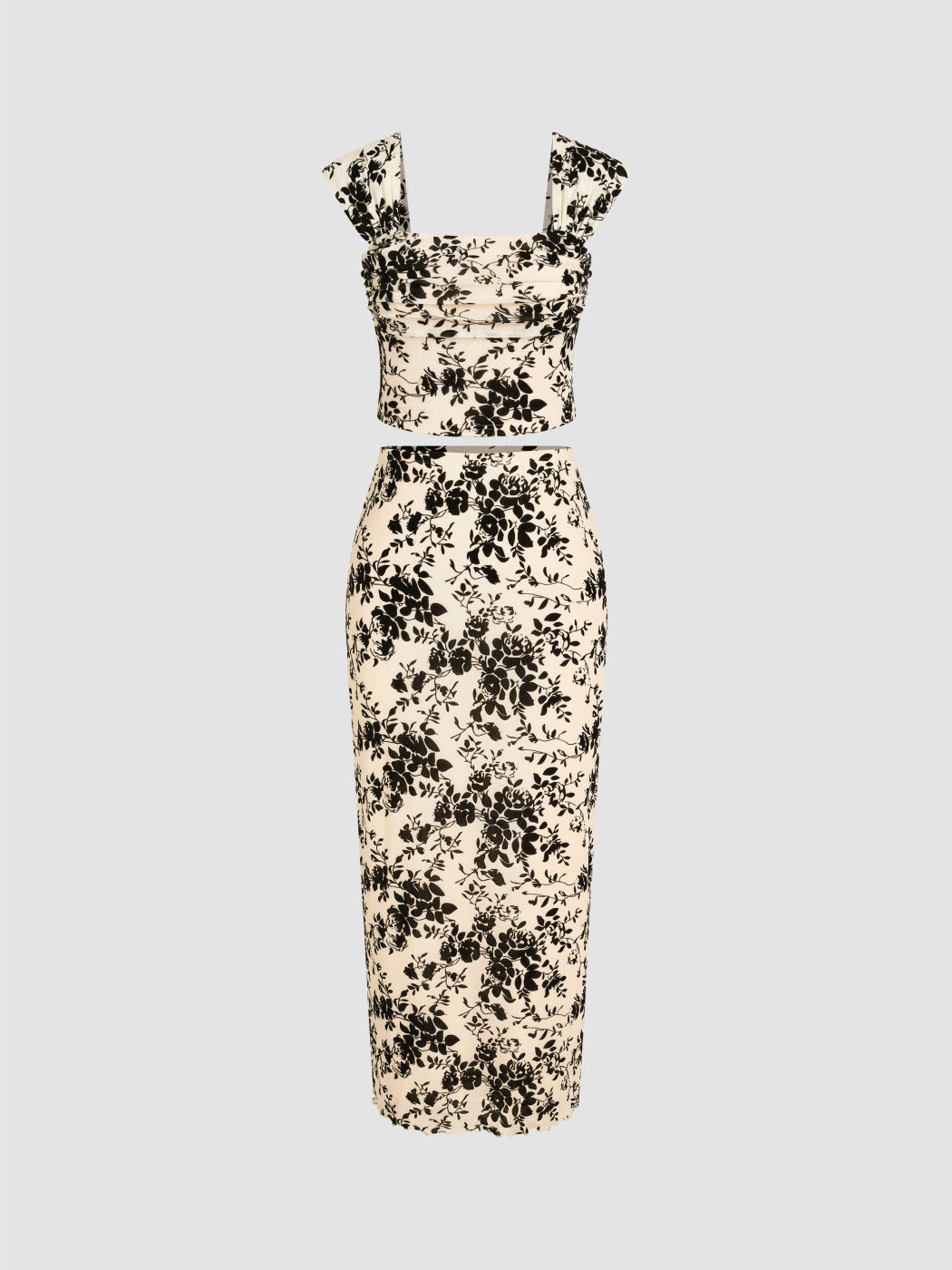 Floral Mesh Ruched Crop Top & Lettuce Trim Maxi Skirt Set