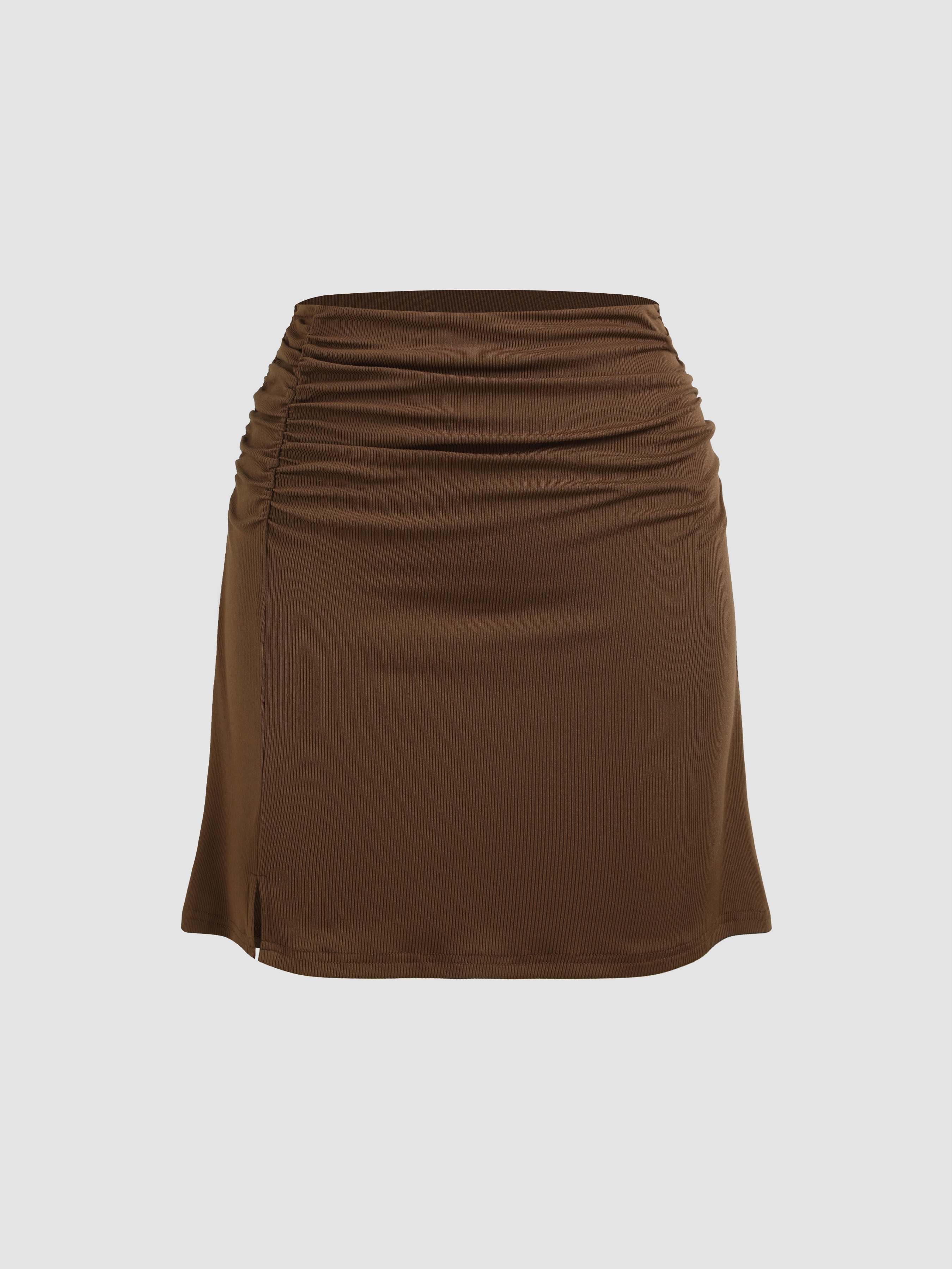 Ruched Rib High Waist Split Mini Skirt