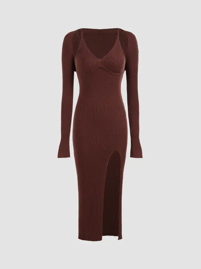 Knit Fabric Knit V-neck Split Cami Midi Dress & Shrug For Holiday