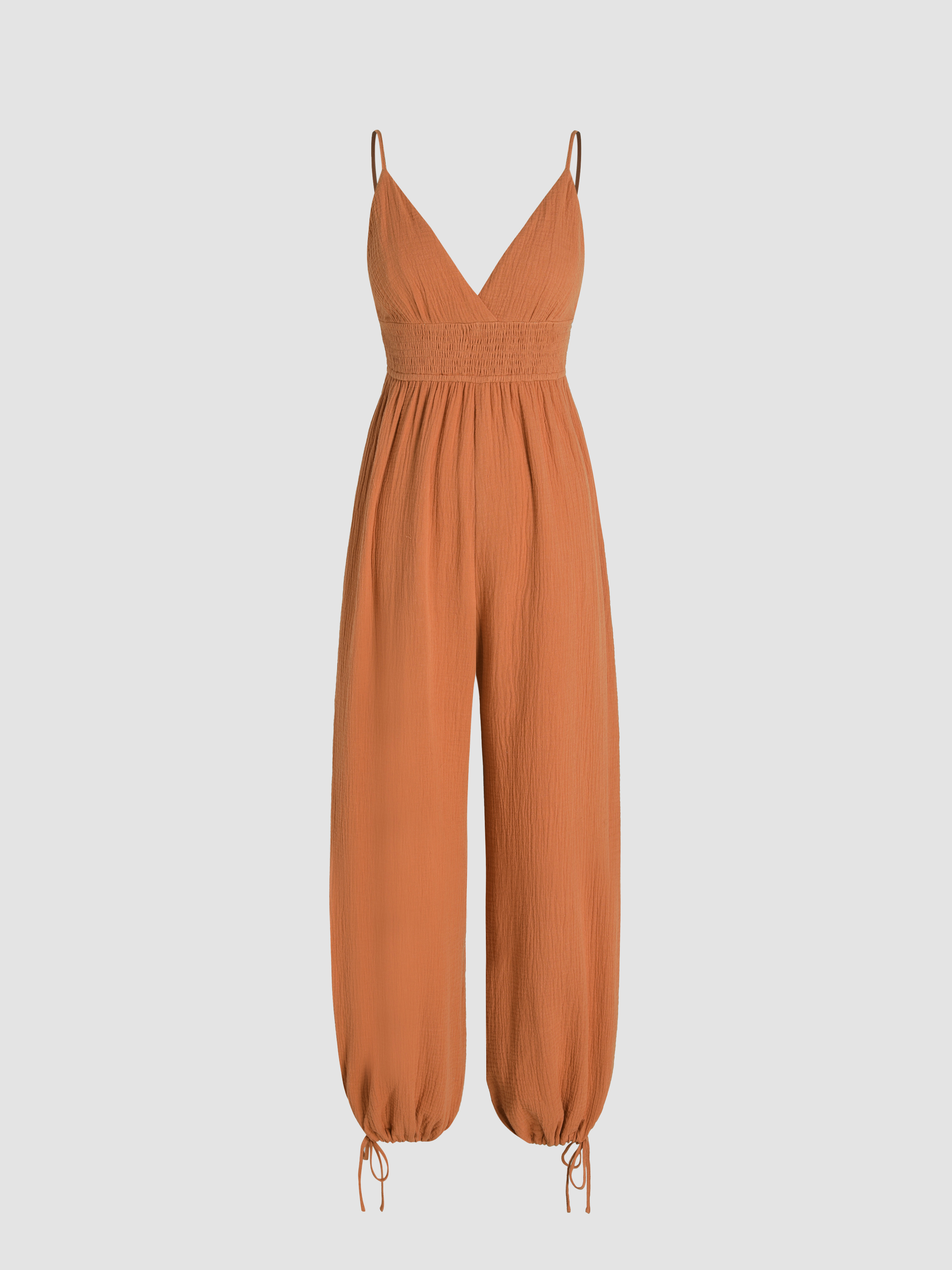 Woven Vneck Shirred Drawstring Jumpsuit For Vacation