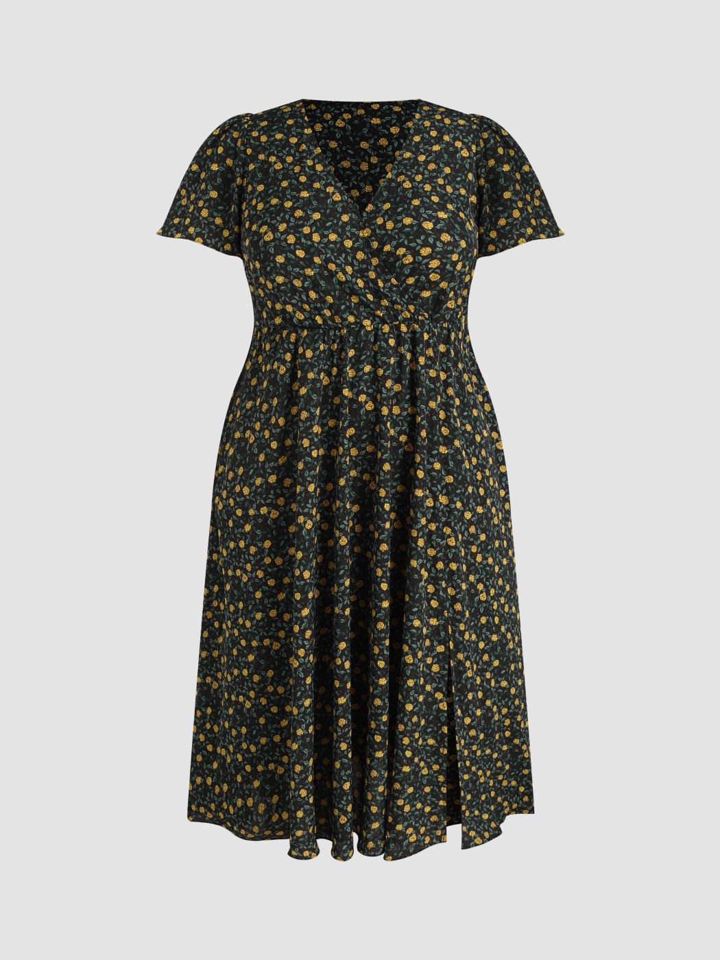 Maxikleid mit V-Ausschnitt, floralem All-Over-Print und geteilten Rüschen Kurve & Plus