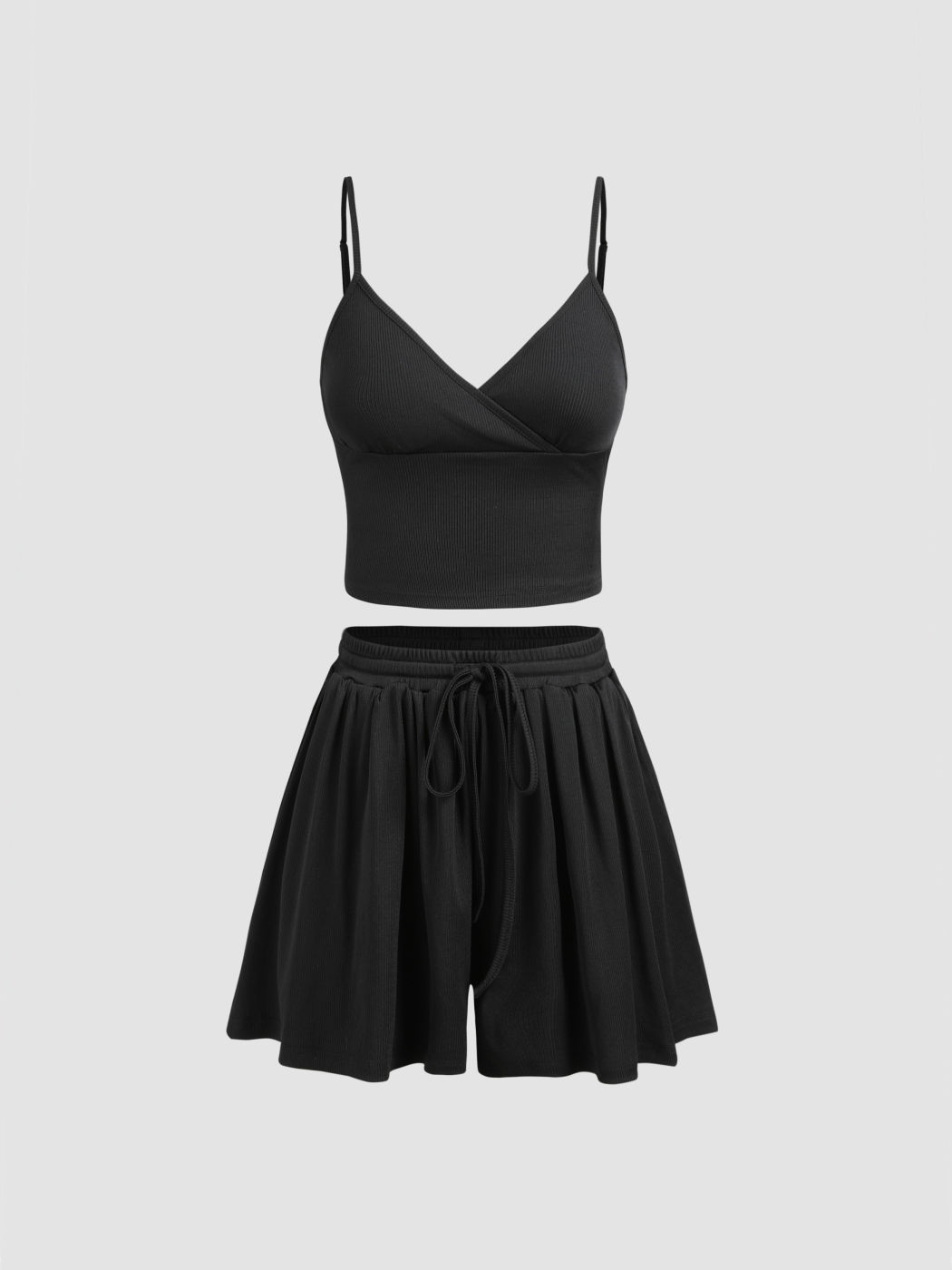 Knit V-neck Crop Top & Knotted Shorts Set