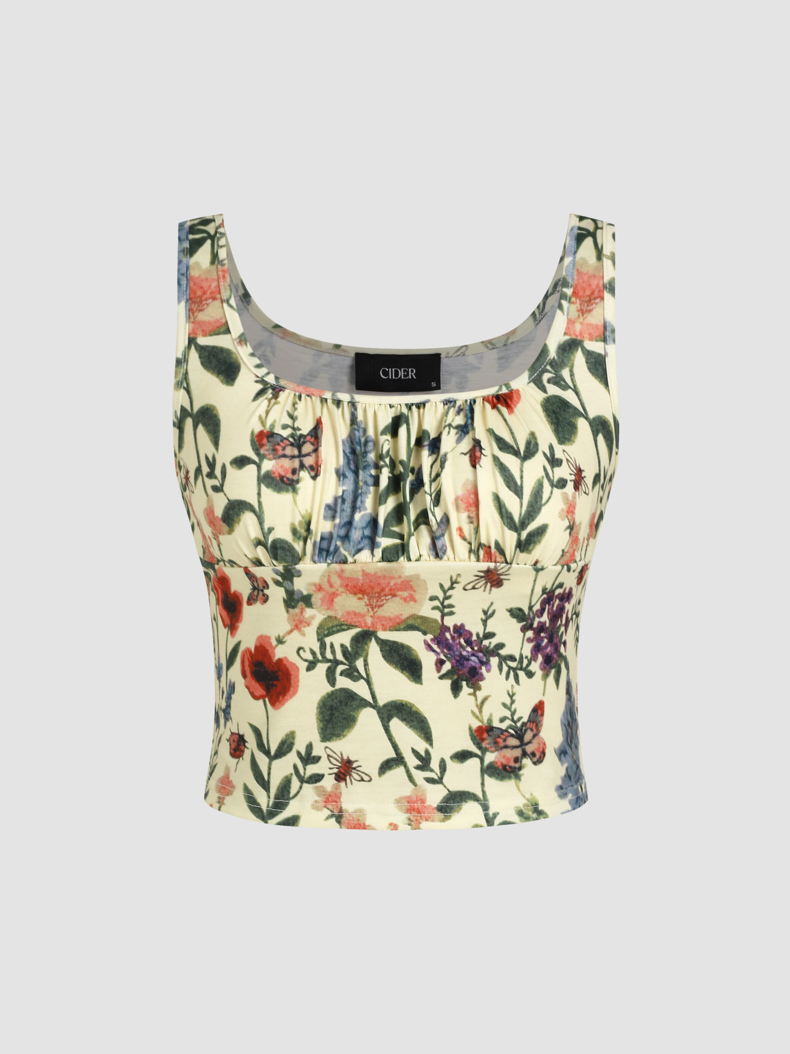 Scoop Neckline Floral Ruched Crop Top For Daily Casual Picnic