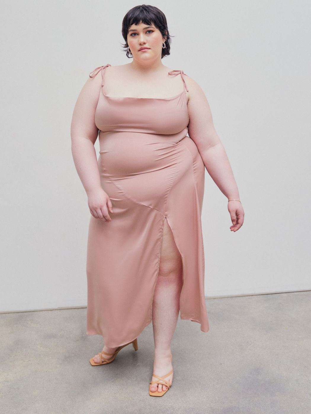 Satin Cowl Neck Split Knotted Maxi Dress Curve & Plus