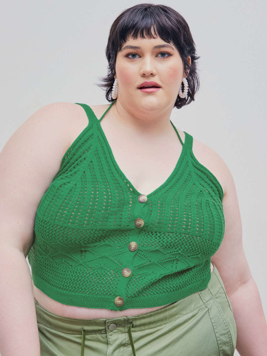 Crochet Halter Knitted Button Up Crop Cami Top Curve Plus For