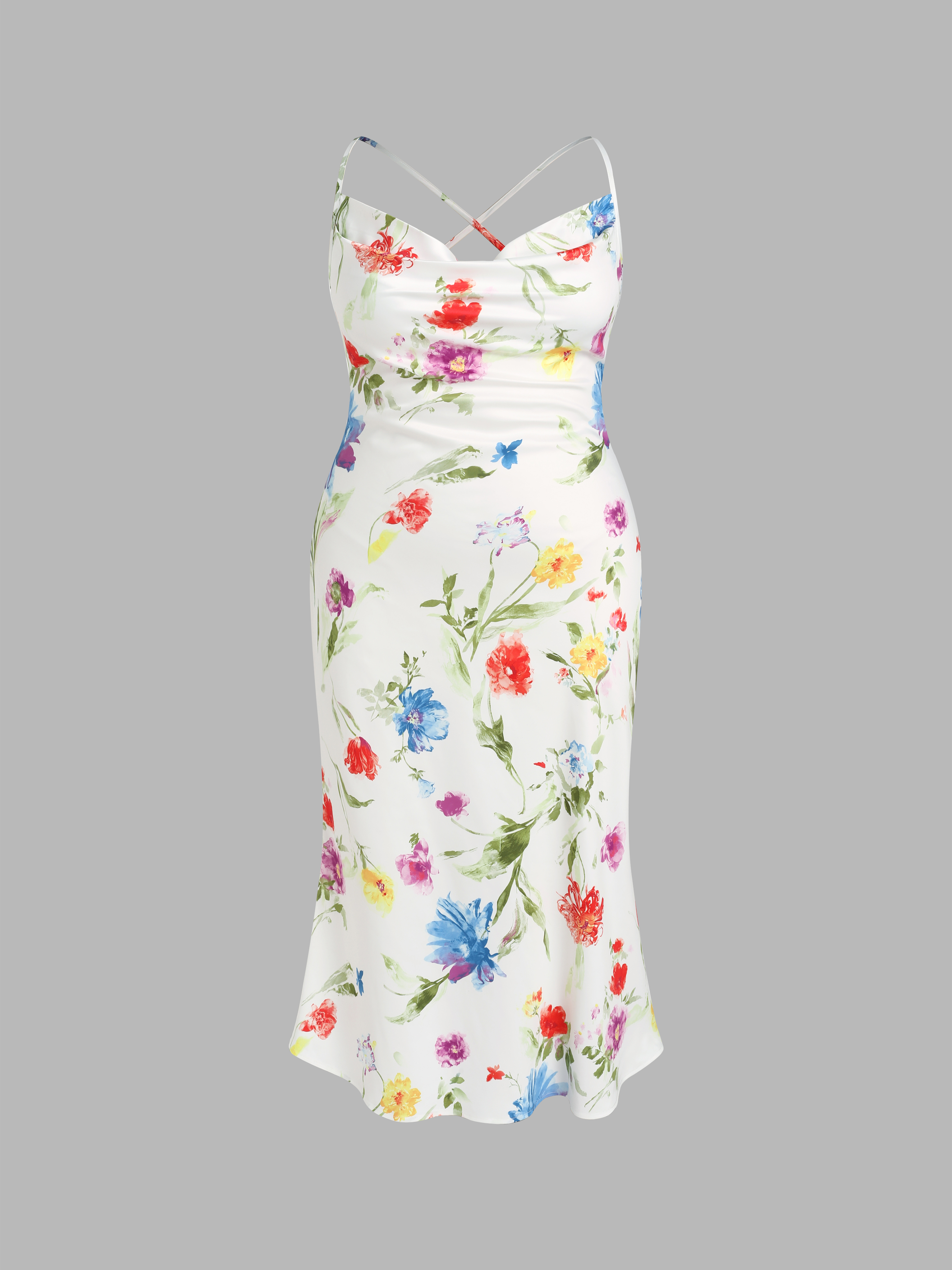 Satin Floral Tie Back Mermaid Midi Dress Curve & Plus For Date