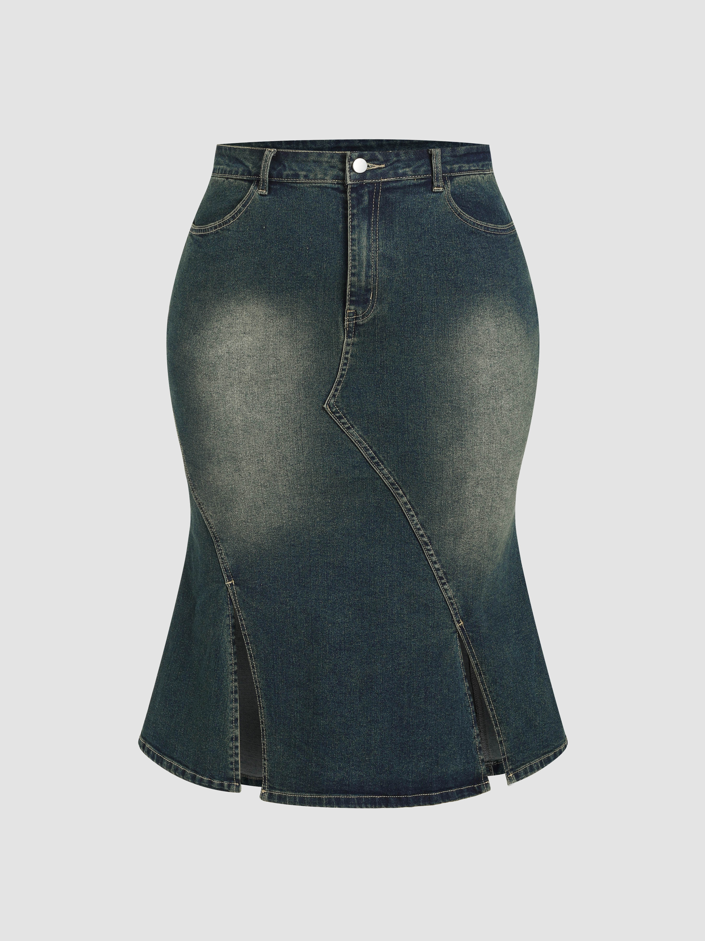 Jean Skirt Denim Denim Washed Ruffle Split Midi Skirt Curve & Plus For