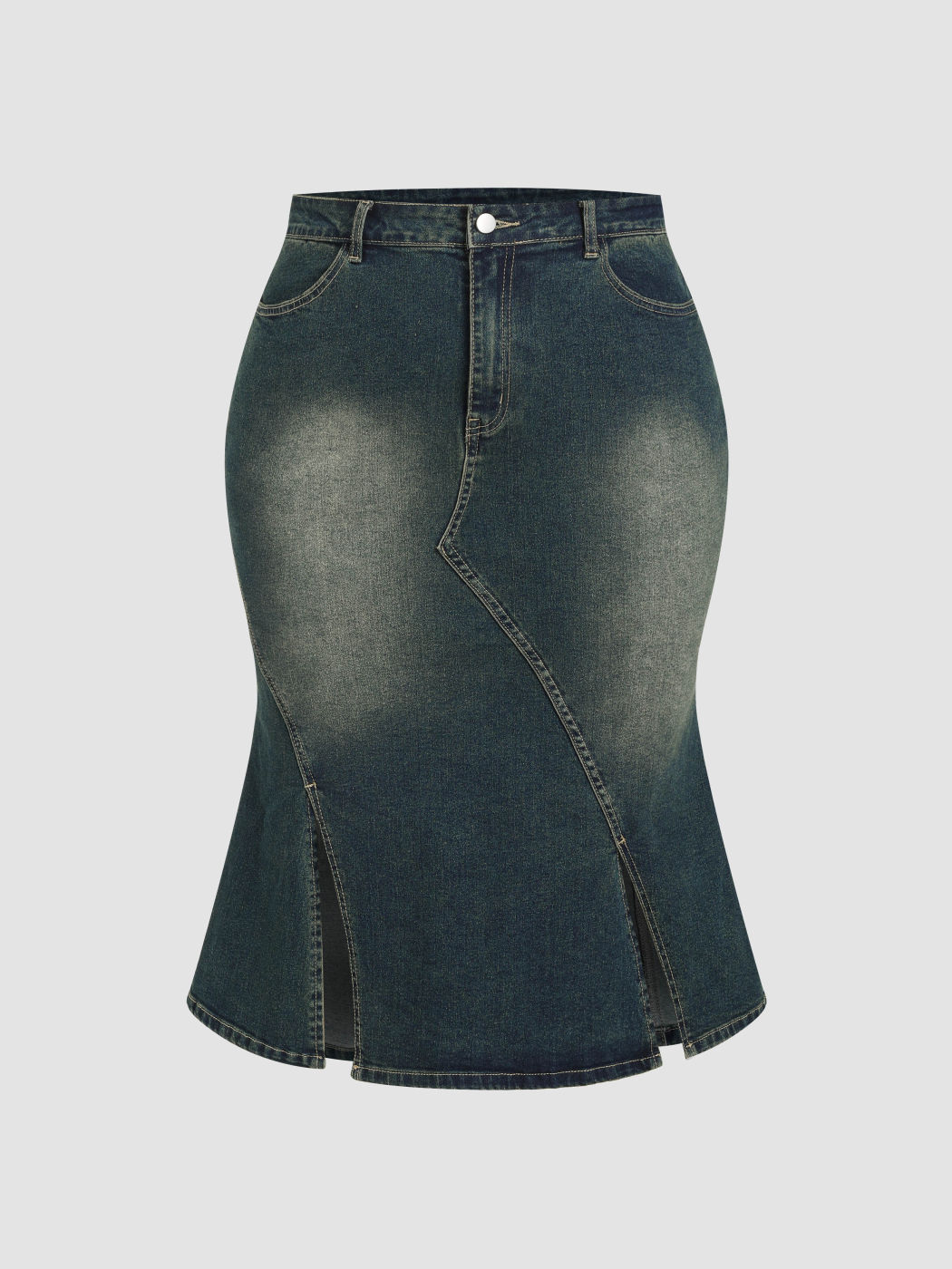 Midirock aus gewaschenem Denim mit Rüschen und Schlitz Kurve & Plus