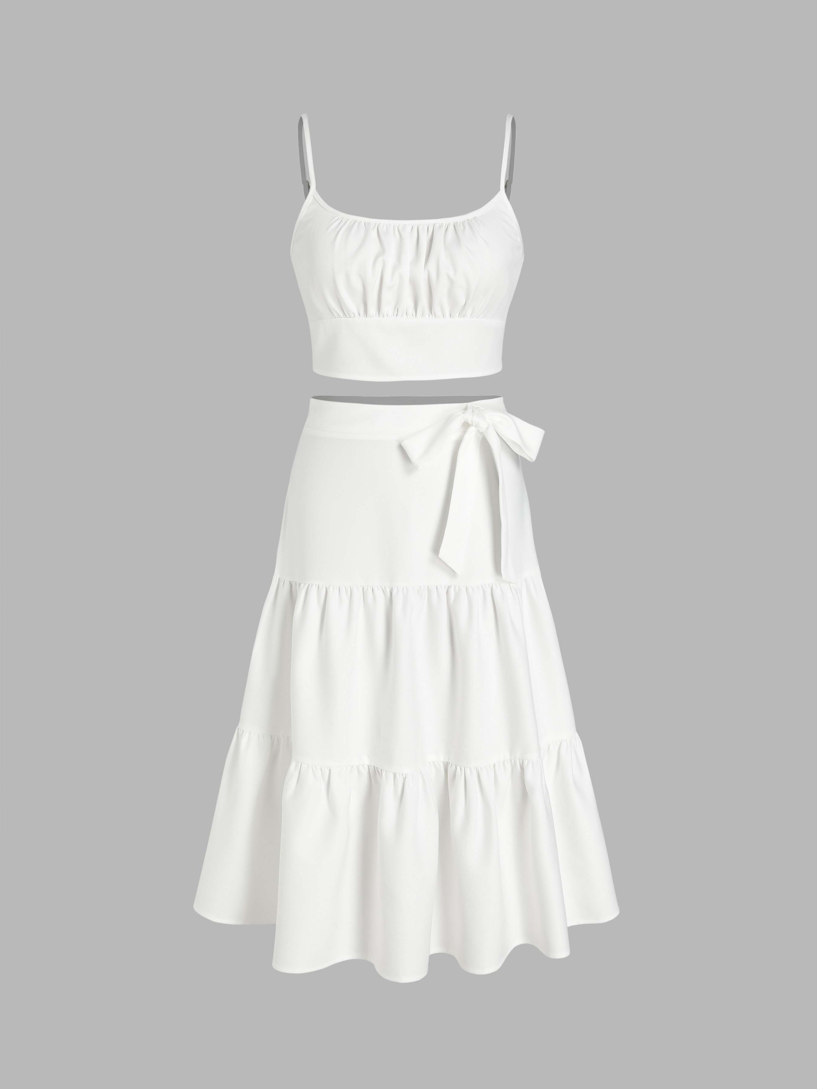 Ruched Shirred Crop Top & Ruffle Maxi Skirt Set For Daily Casual Vacation