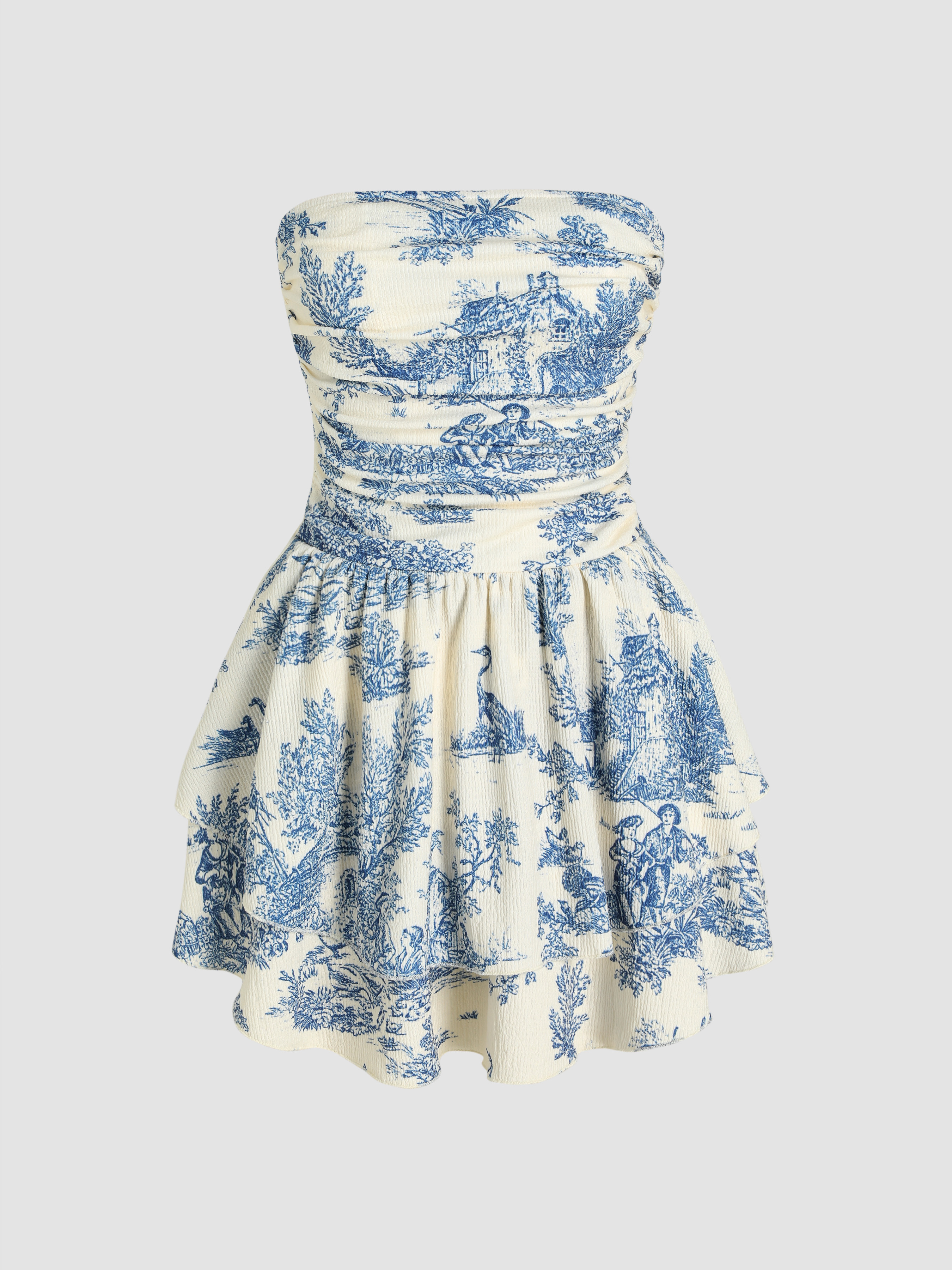 Toile de Jouy Shirred Ruched Mini Dress