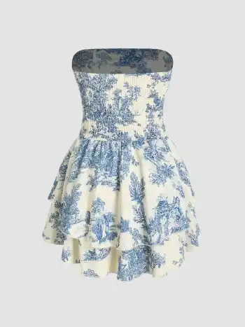 Toile de Jouy Shirred Ruched Mini Dress