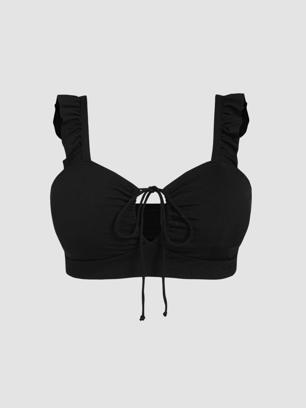 Bikinioberteil mit V-Ausschnitt und Cut-Outs, Rüschenbesatz und Schleife Kurve & Plus