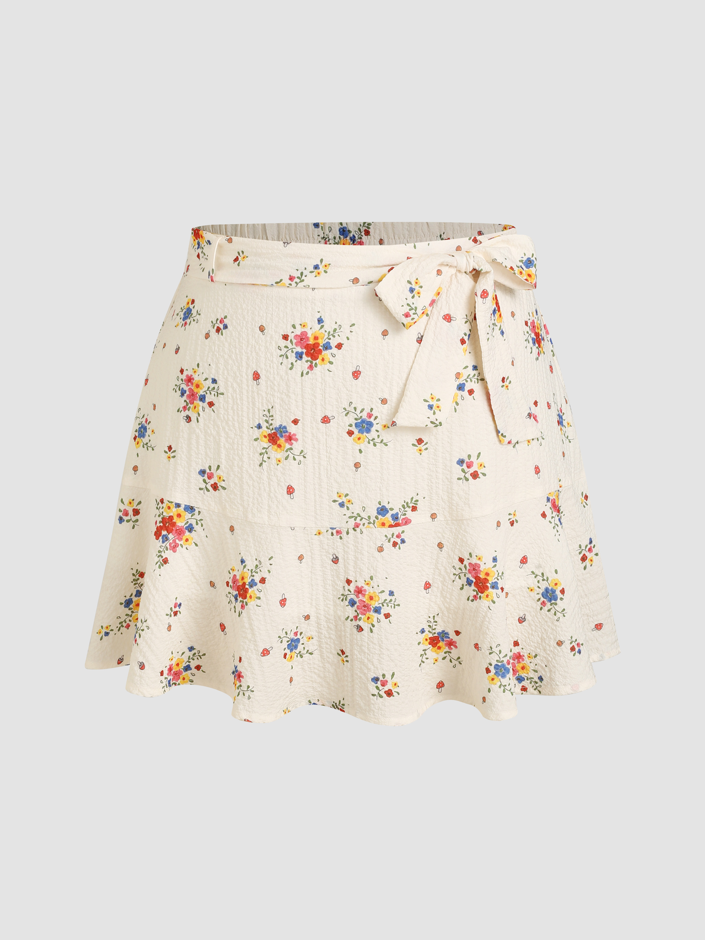 Woven Color Floral Knotted Ruffle Hem Mini Skirt Curve & Plus For Date