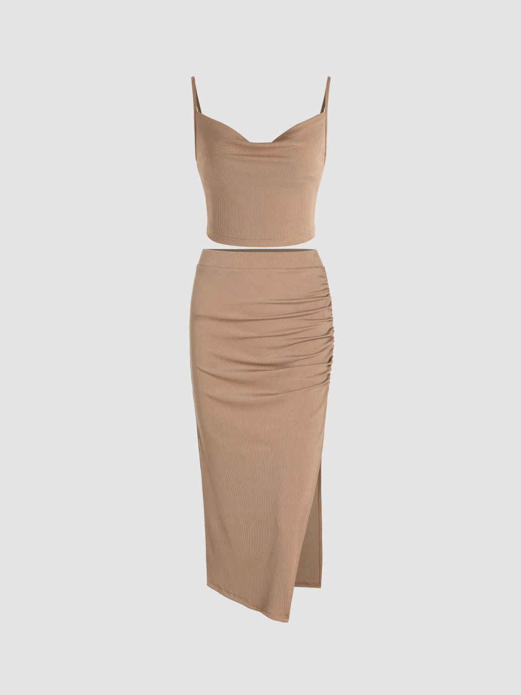 Cowl Neck Crop Top & Split Ruched Maxi Skirt Set