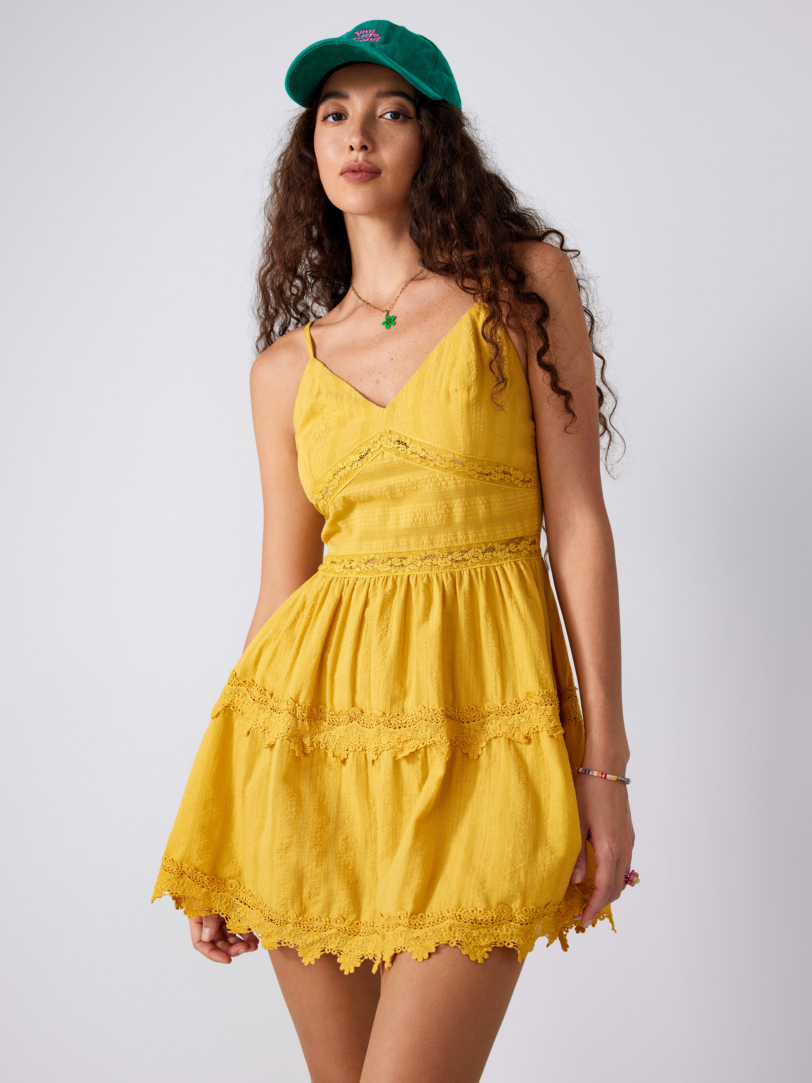 Lace Woven Lace V-neck Ruffle Mini Dress For Vacation